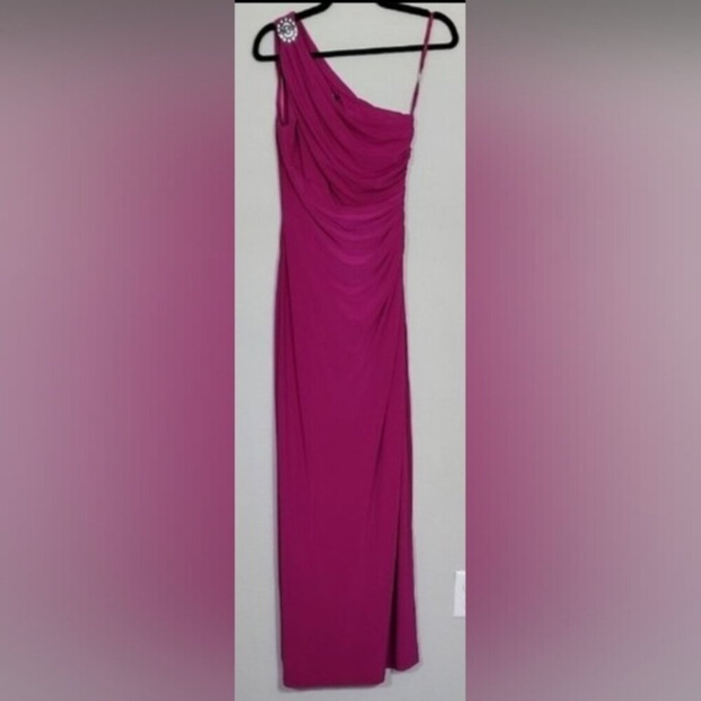 Ralph Lauren One Shoulder Formal Maxi Gown Size 4 Purple Slit Ruched Jewel Glam